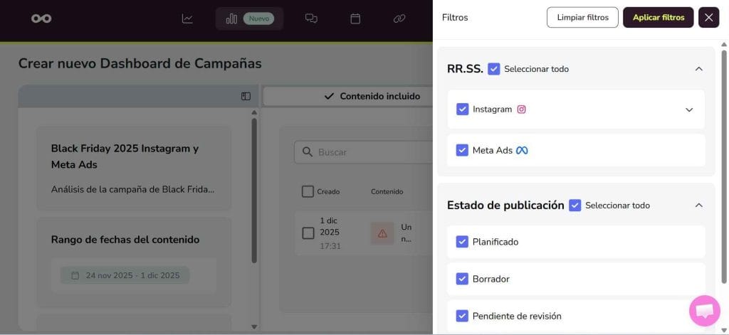 Dashboard de campañas de redes sociales con Metricool