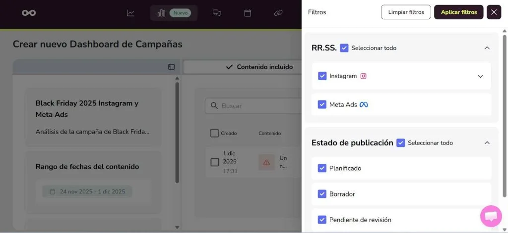 Dashboard de campañas de redes sociales con Metricool