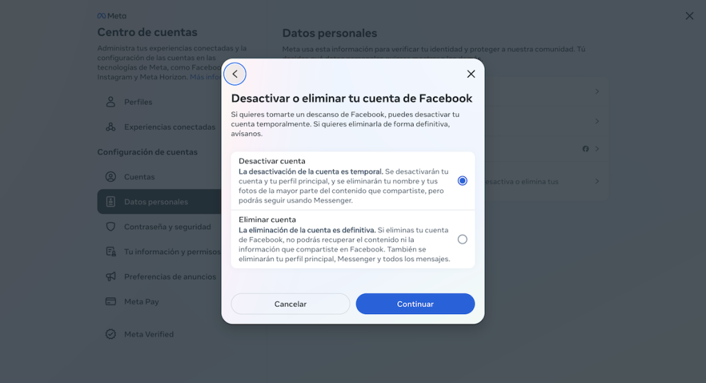 desactivar cuenta facebook