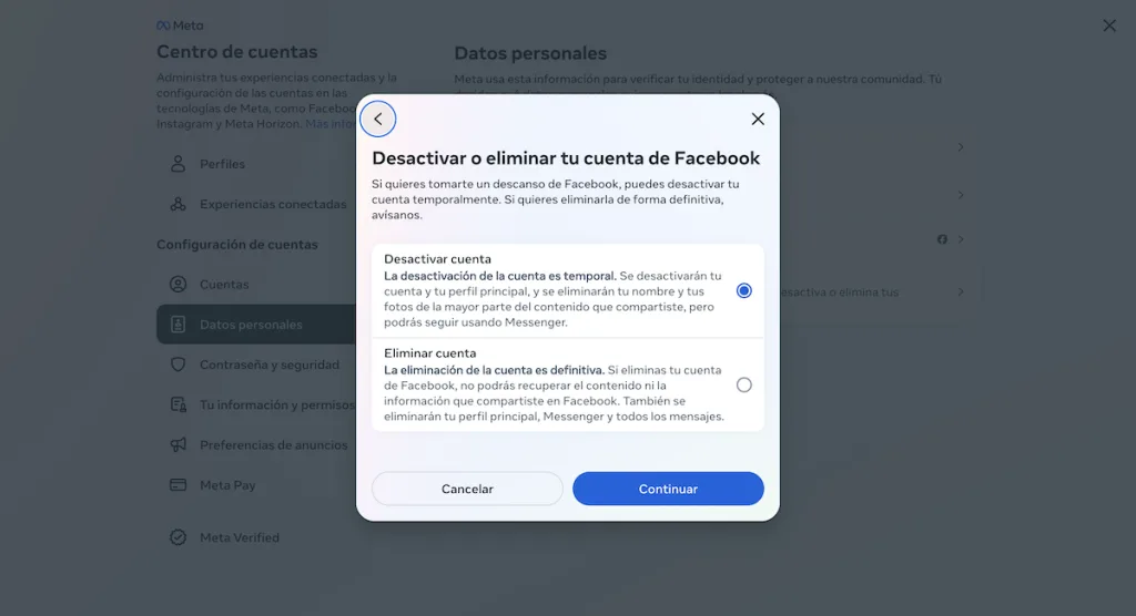 desactivar cuenta facebook