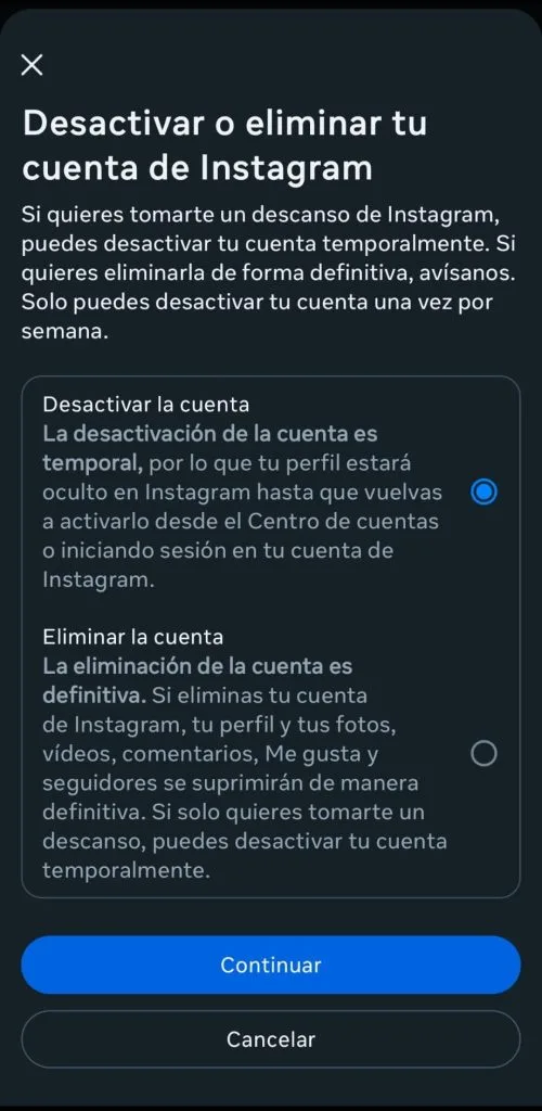 cómo desactivar cuenta instagram