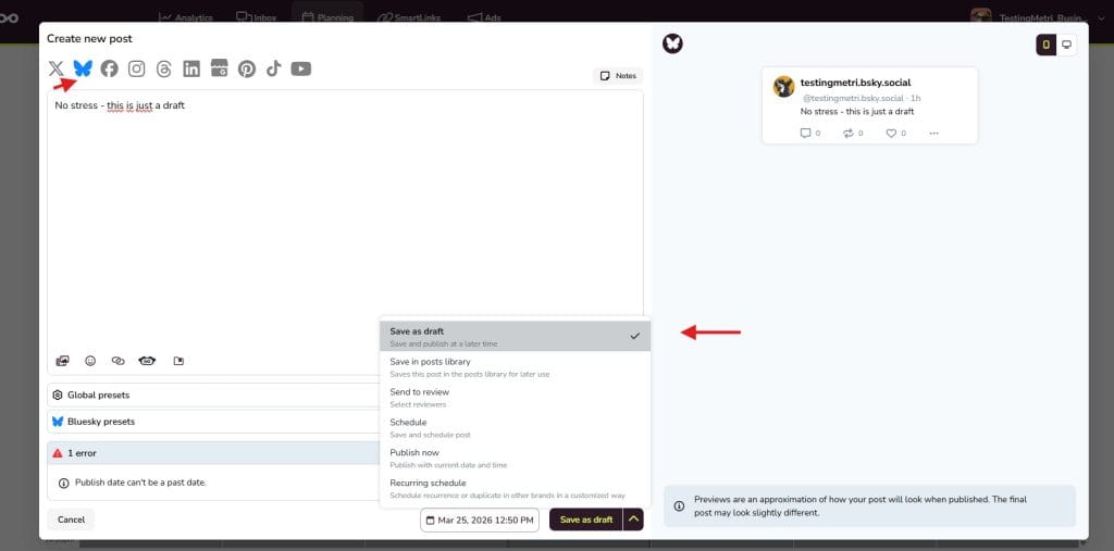 bluesky drafts in metricool