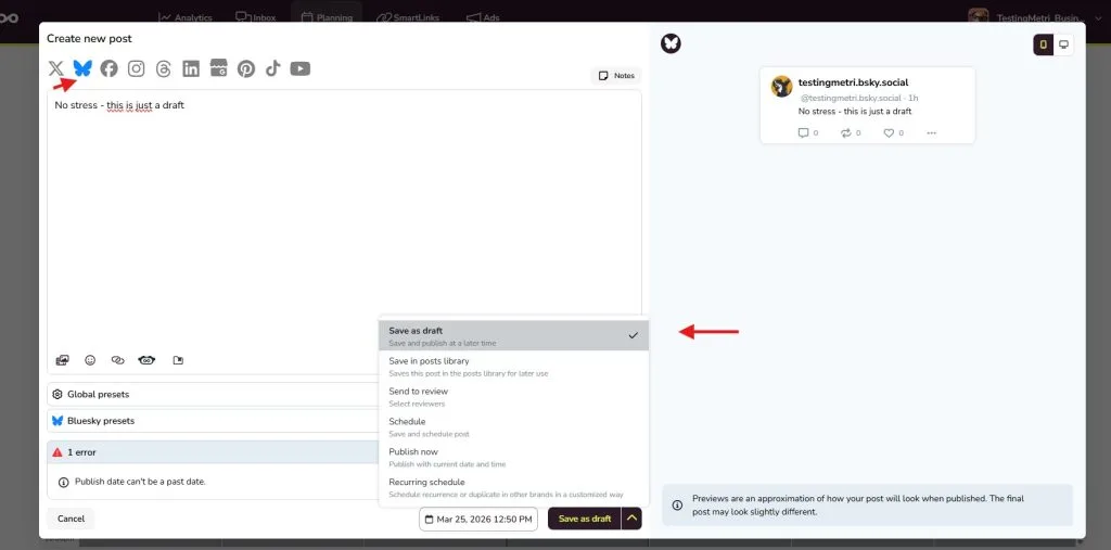 bluesky drafts in metricool