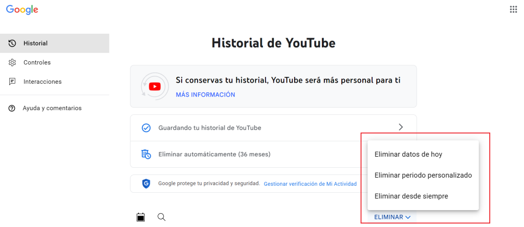 como borrar historial youtube