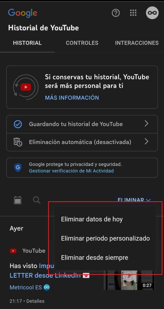 como borrar historial youtube