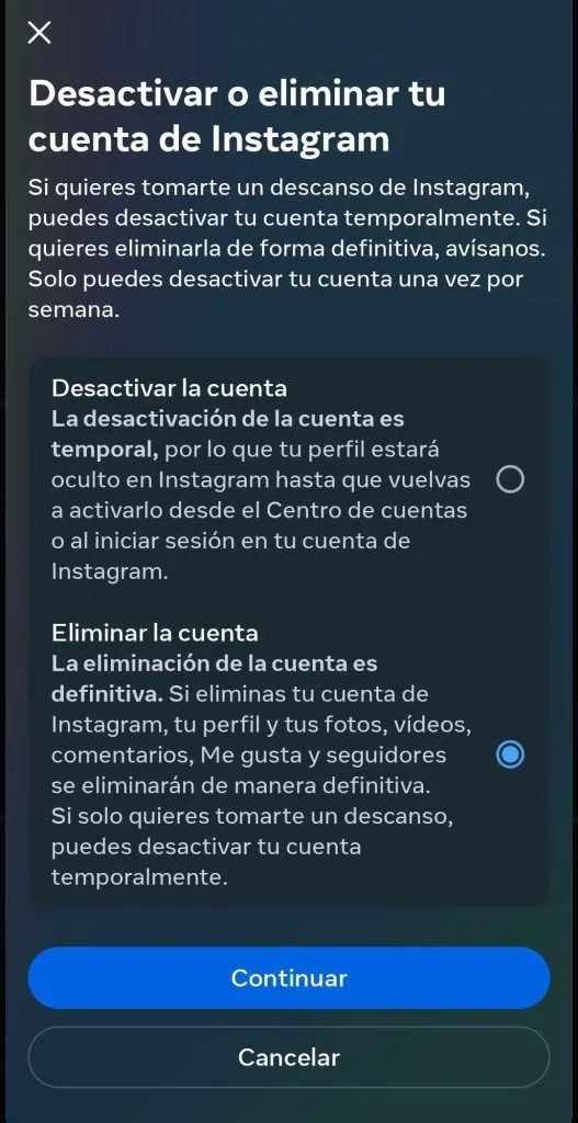 eliminar cuenta instagran