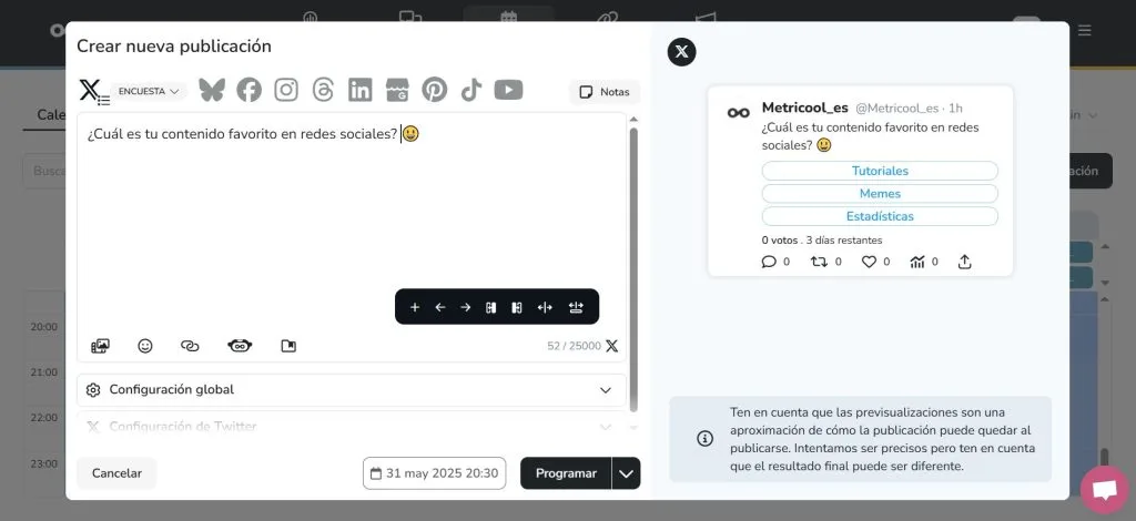 programar en twitter con Metricool