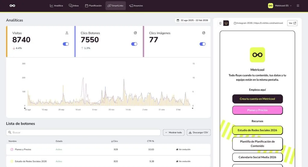 enlace bio instagram smartlink metricool
