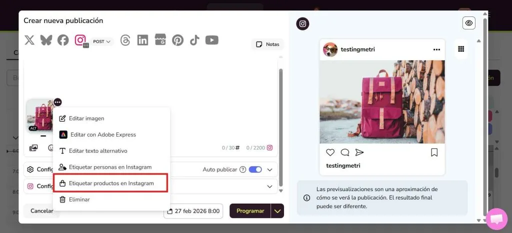 Añadir etiquetas de  Instagram shopping desde Metricool