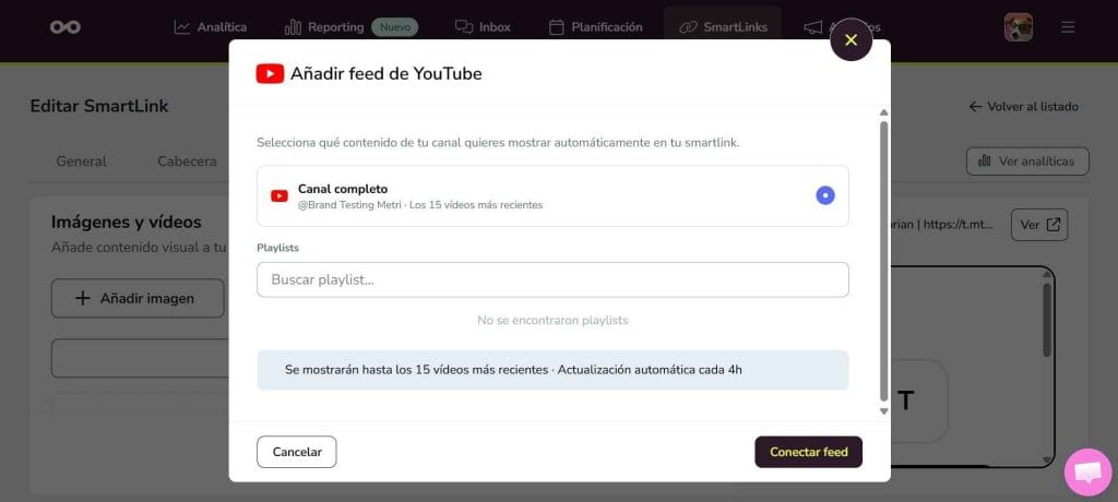 Novedades de Metricool. Añadir el feed de YouTube en SmartLinks