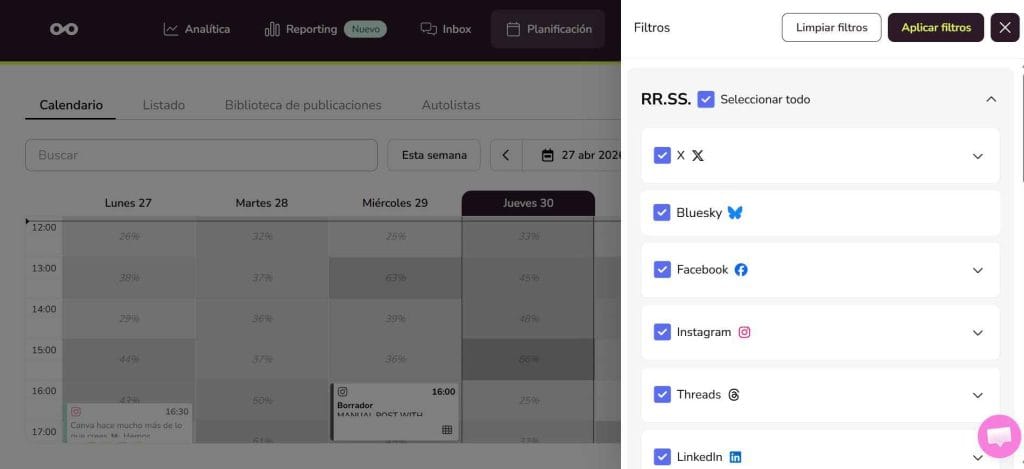 Filtros en el calendario de Metricool