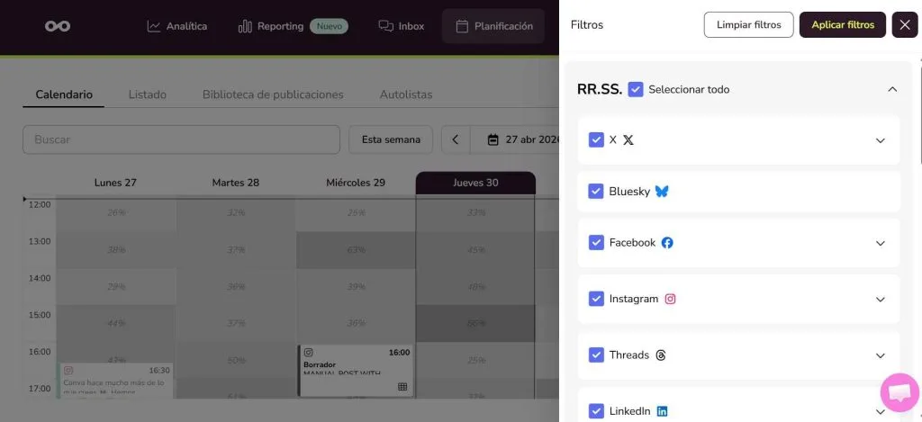 Filtros en el calendario de Metricool