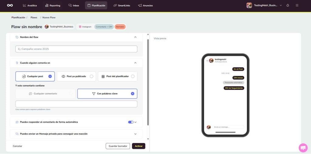 Flows de Metricool para crear respuestas automaticas en Instagram