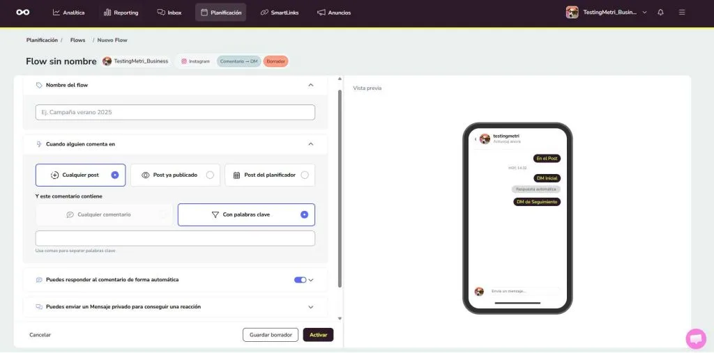 Flows de Metricool para crear respuestas automaticas en Instagram