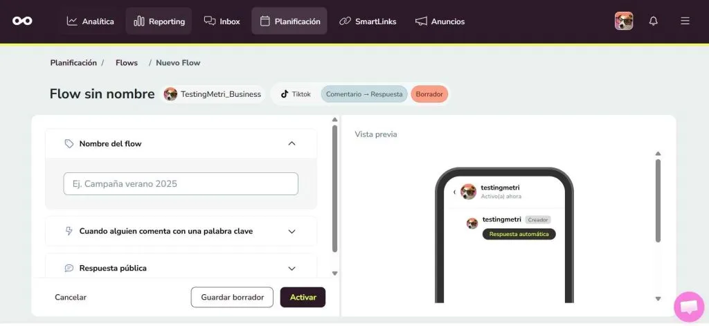Flows de Metricool para automatizar comentarios de TikTok