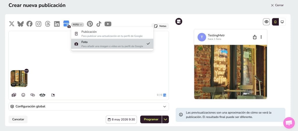 planificación de contenidos de google business profile con Metricool