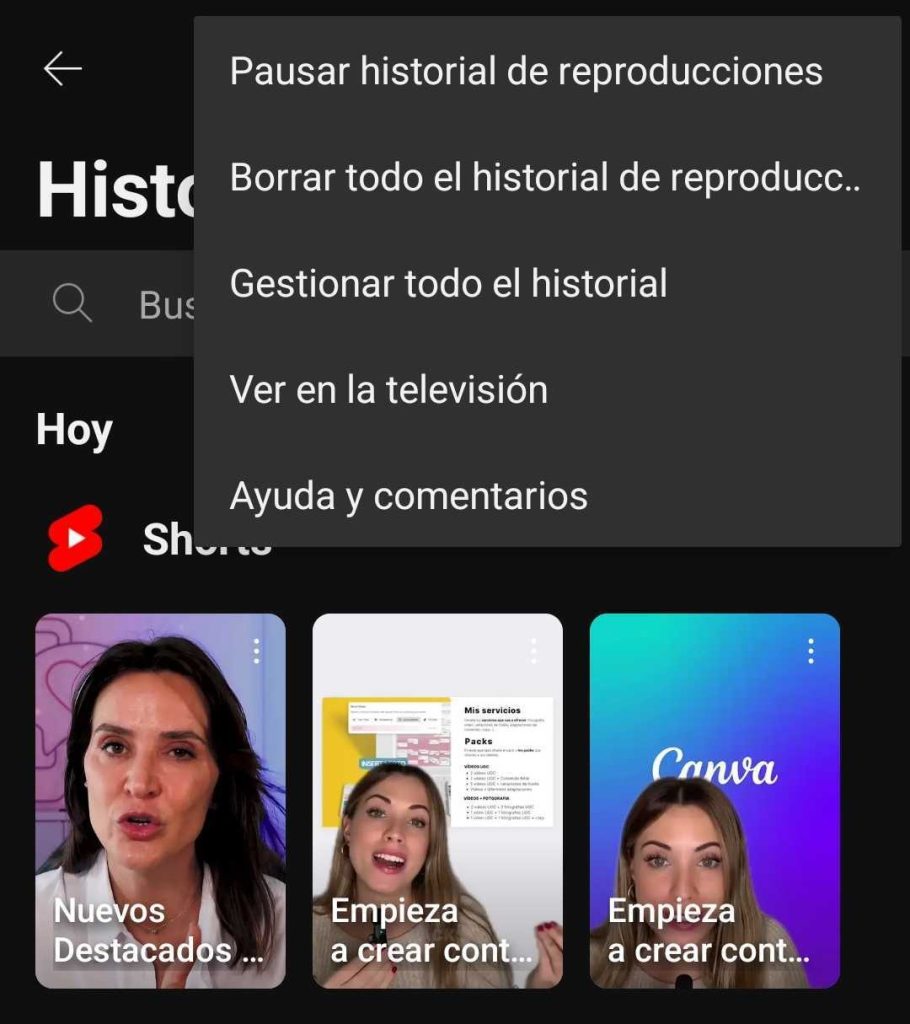 como borrar historial youtube