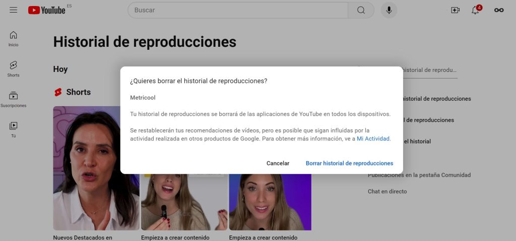 como borrar historial youtube