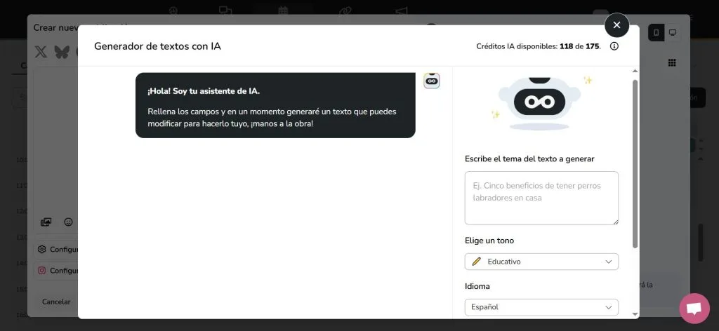 asistente de inteligencia artificial en metricool