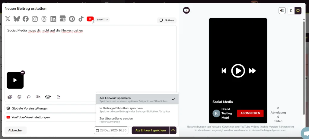 youtube shorts in metricool planen