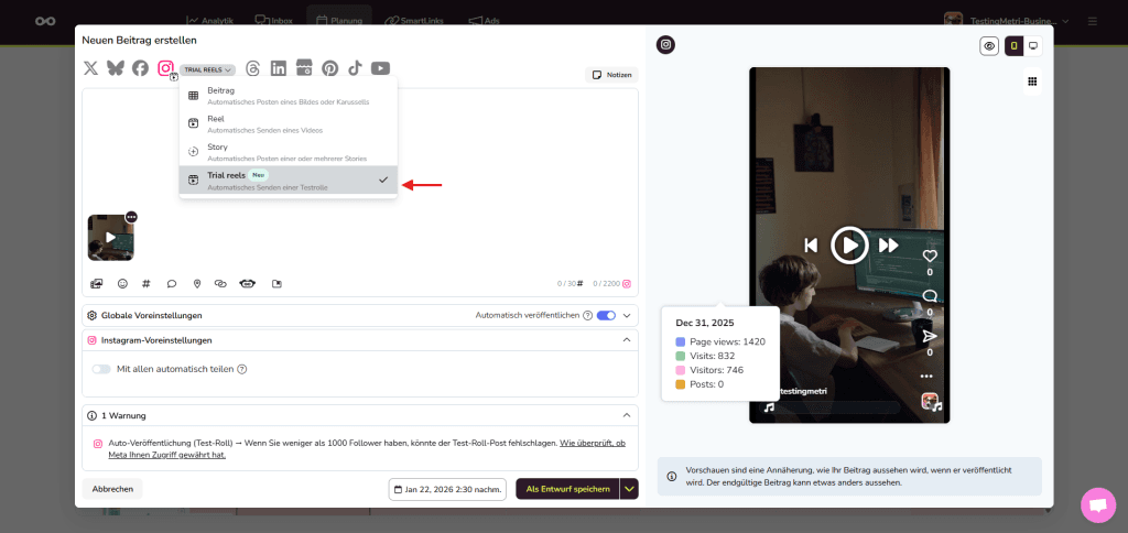 instagram test reels in metricool verwalten