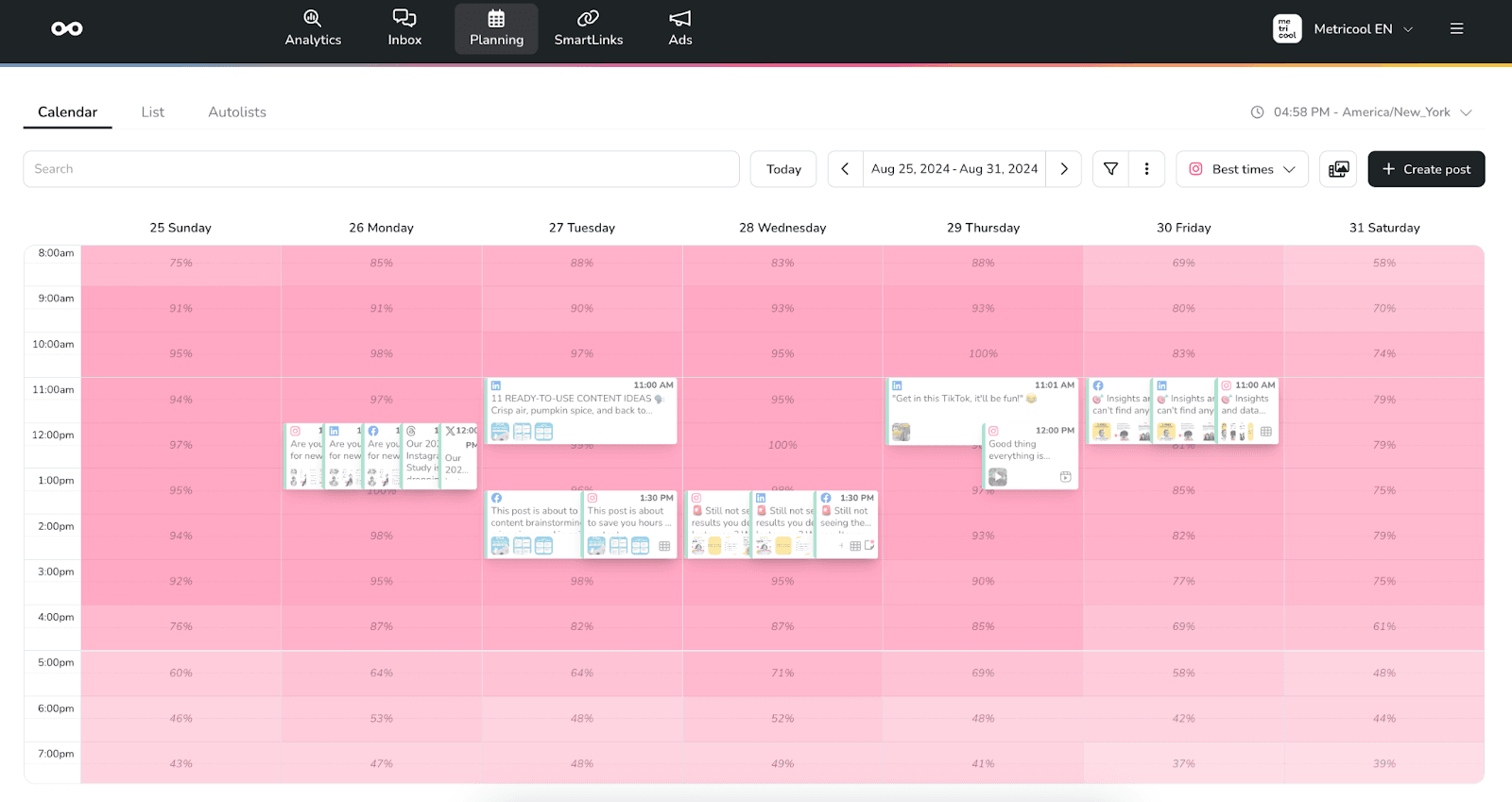 Metricool's drag-and-drop visual content planner showing a weekly calendar grid with scheduled posts across Instagram, LinkedIn, and Facebook — demonstrating how small businesses can automate social media scheduling from one dashboard.