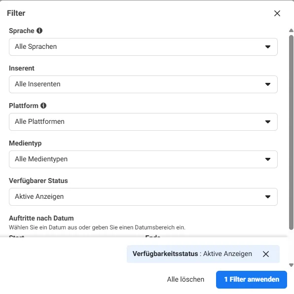 werbebibliothek filter