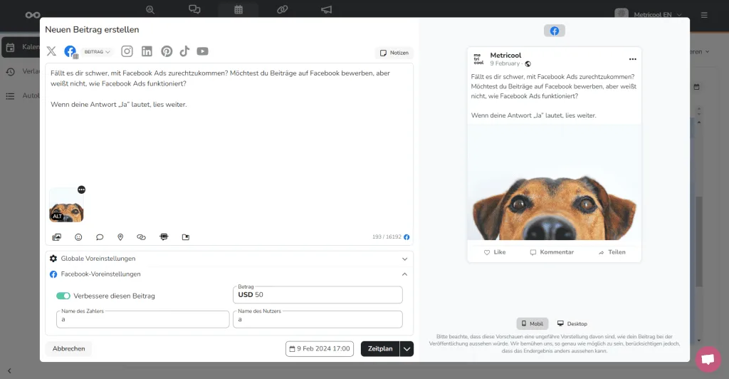 auf facebook werben mit metrcool