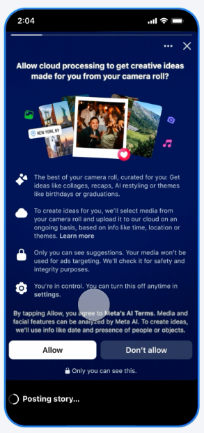 facebook camera roll AI processing