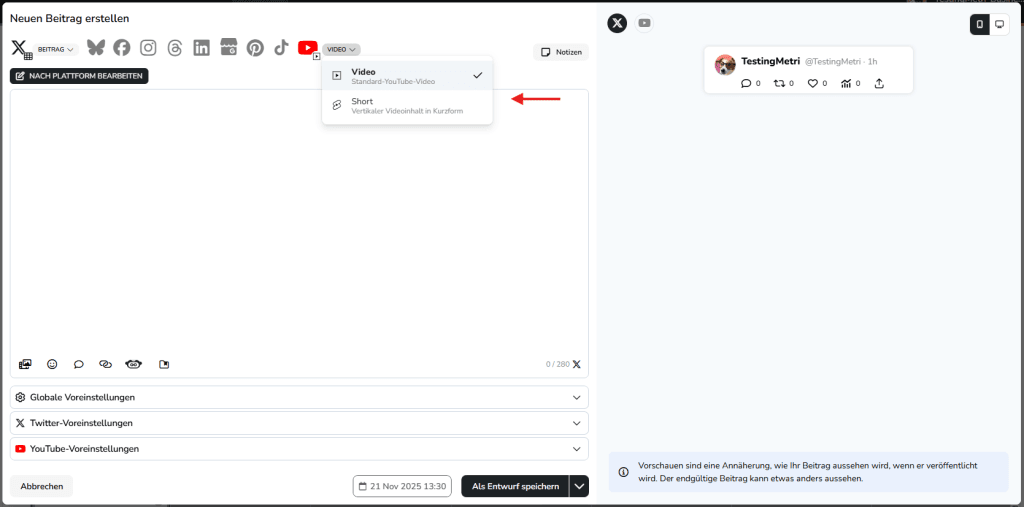 neuer beitrag planen im metricool planer: video oder short