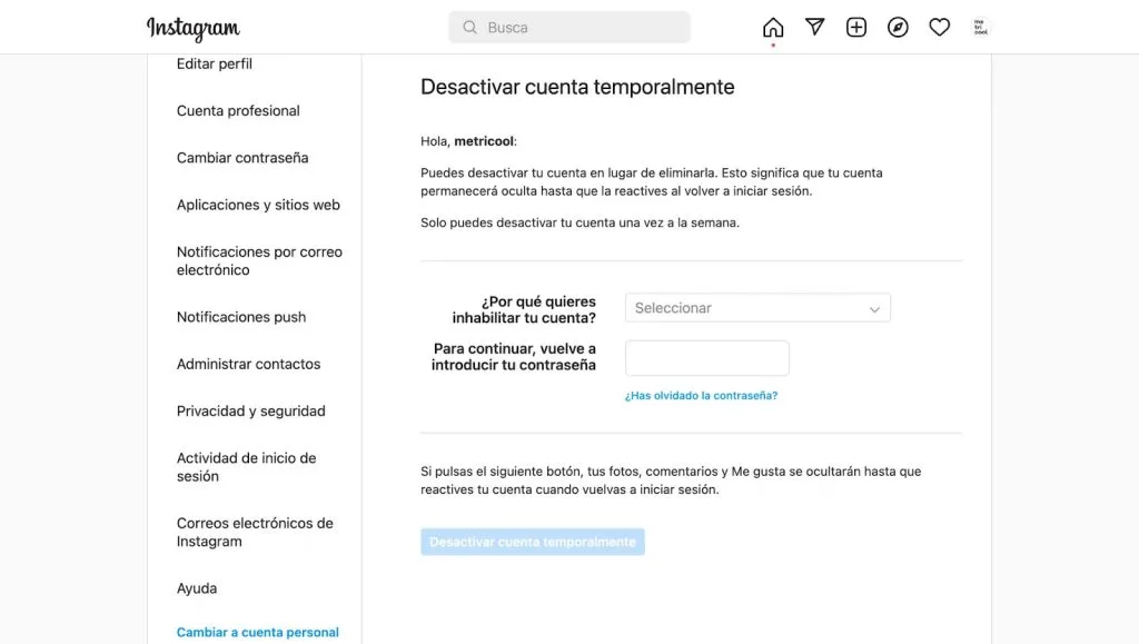desactivar cuenta instagram