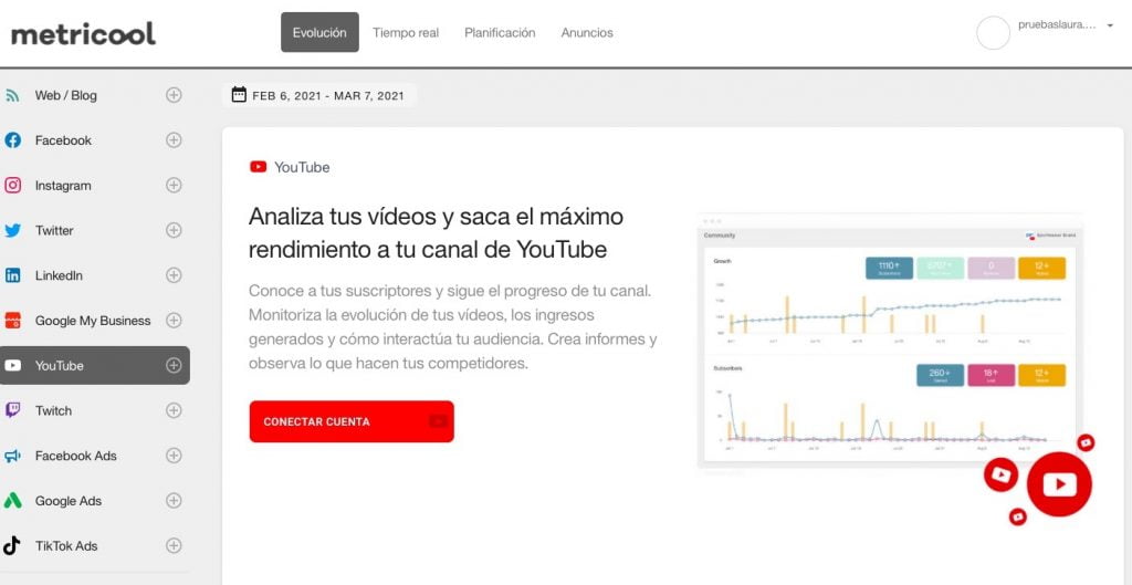 conectar YouTube con Metricool