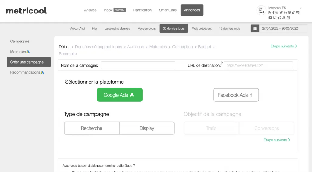 gérer plusieurs comptes google ads avec metricool
