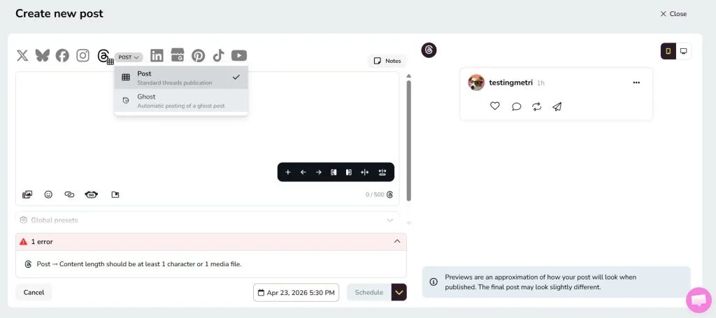 threads planning in metricool