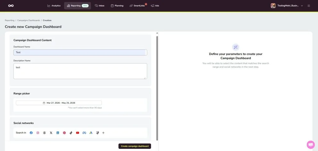 create New Campaign Dashboard view