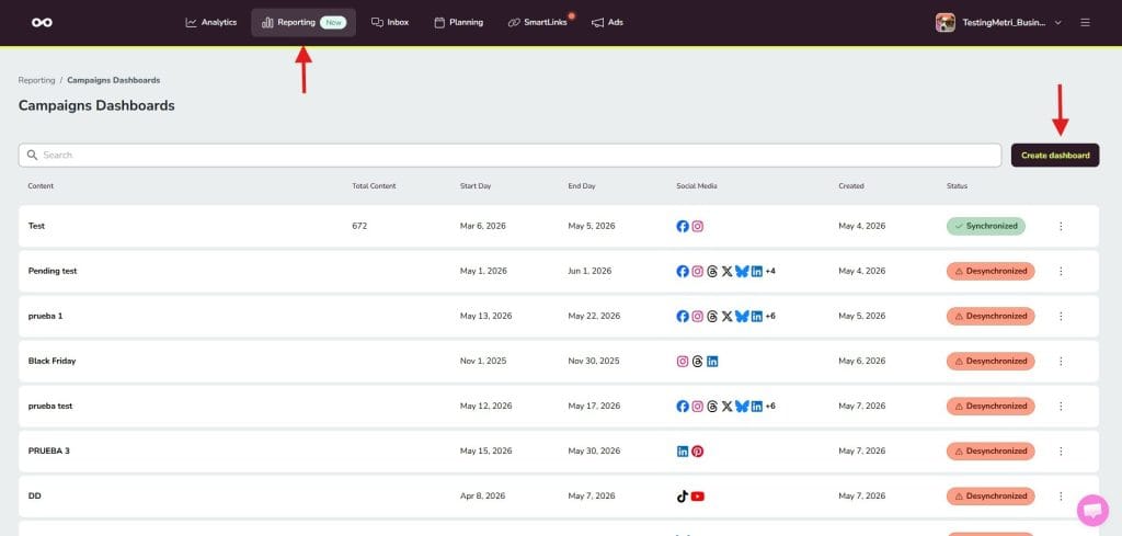 reporting tab create dashboard
