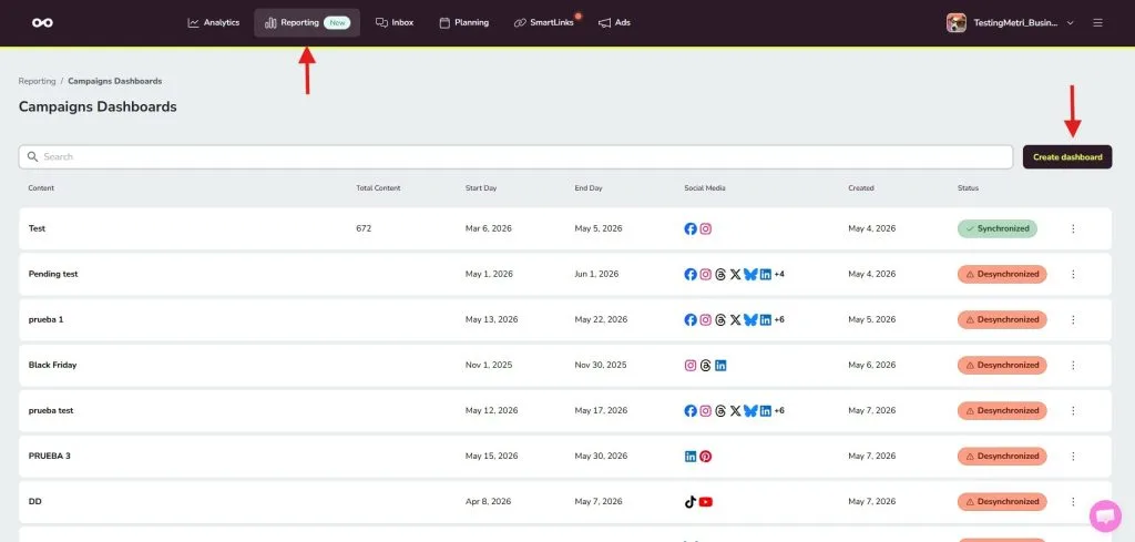 reporting tab create dashboard