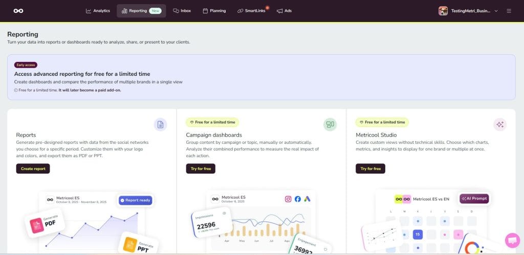 reporting tab in metricool: reports, campaign dashboards, metricool studio
