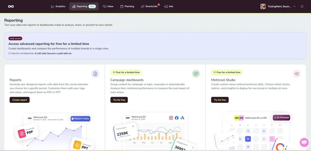 reporting tab in  metricool: reports, campaign dashboards, metricool studio
