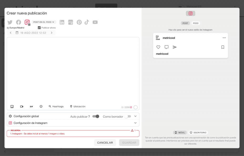 cómo subir fotos a Instagram desde metricool