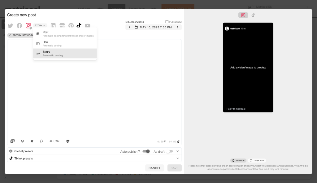 schedule Instagram stories with metricool