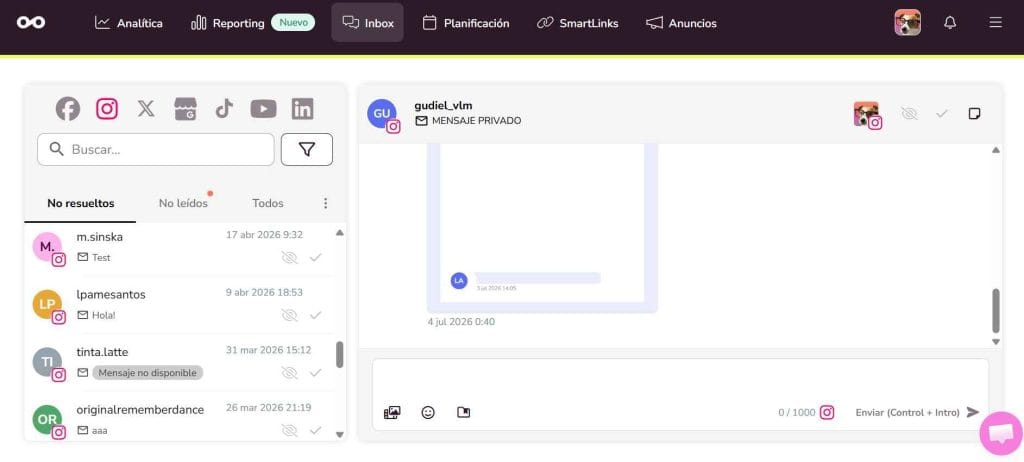 Inbox de Metricool para gestionar los DM de Instagram