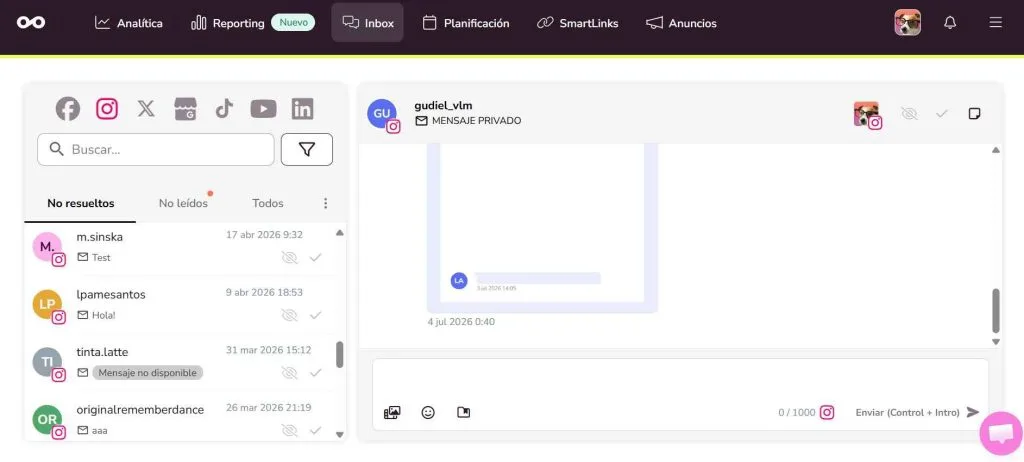 Inbox de Metricool para gestionar los DM de Instagram