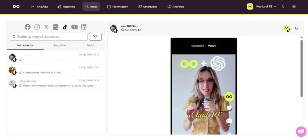 Inbox de Metricool para responder comentarios de TikTok
