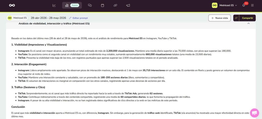 Informe de YouTube con Metricool Studio