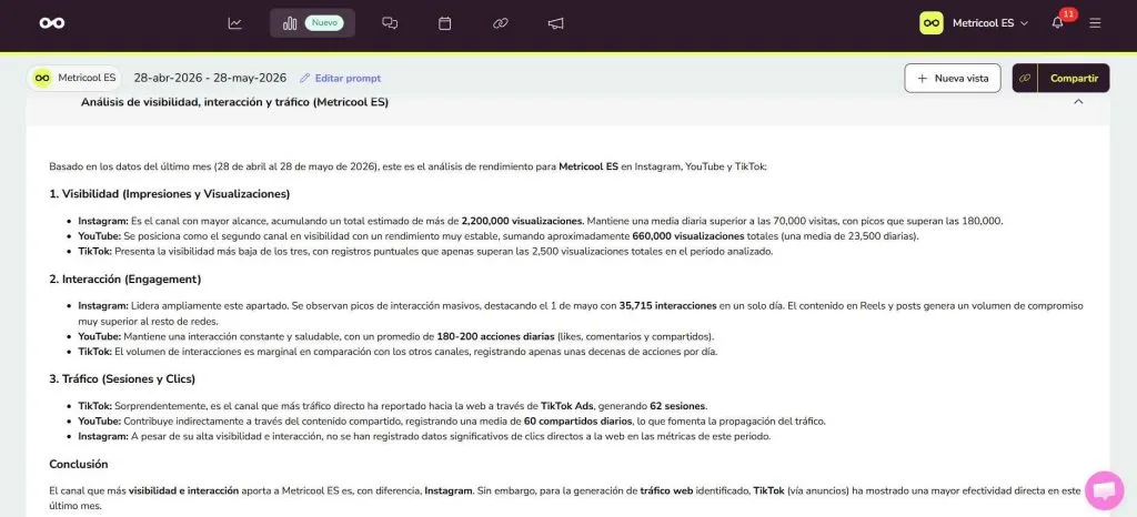 Informe de YouTube con Metricool Studio
