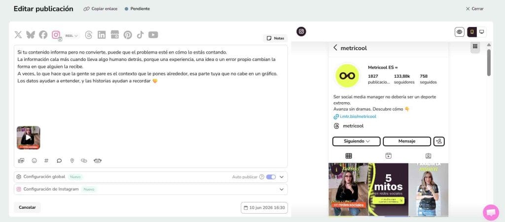 Metricool como aplicación para ordenar el feed de Instagram