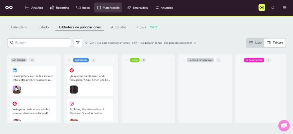 Tablero Kanban en la Biblioteca de Metricool