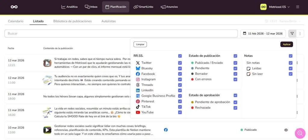 listado de publicaciones en Metricool