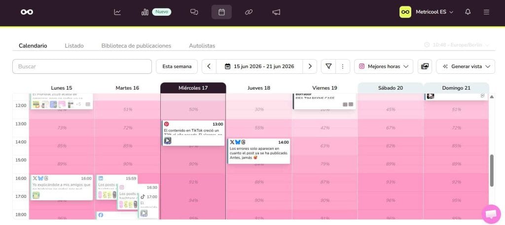 Planificador de Metricool para consultar las mejores horas de Instagram